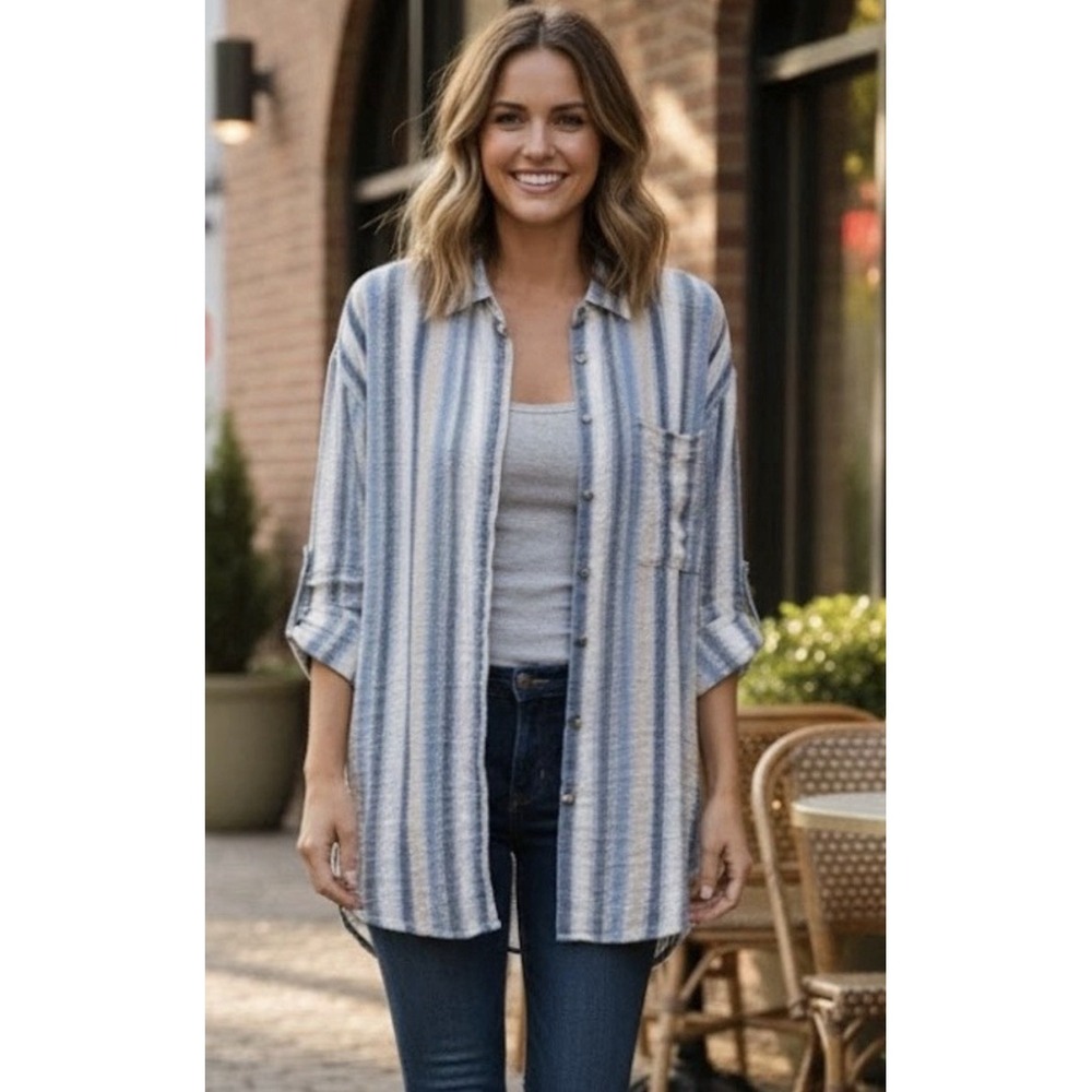 Young Fabulous Broke YFB Linen Blend Striped Button Front Tunic Top Med Coastal